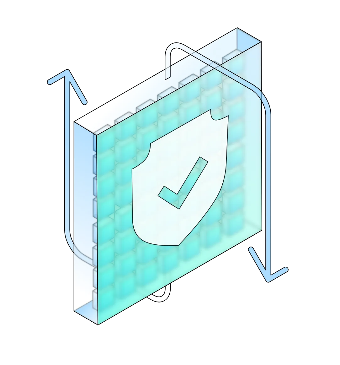 An isometric illustration of a shield over a grid of connected data panels