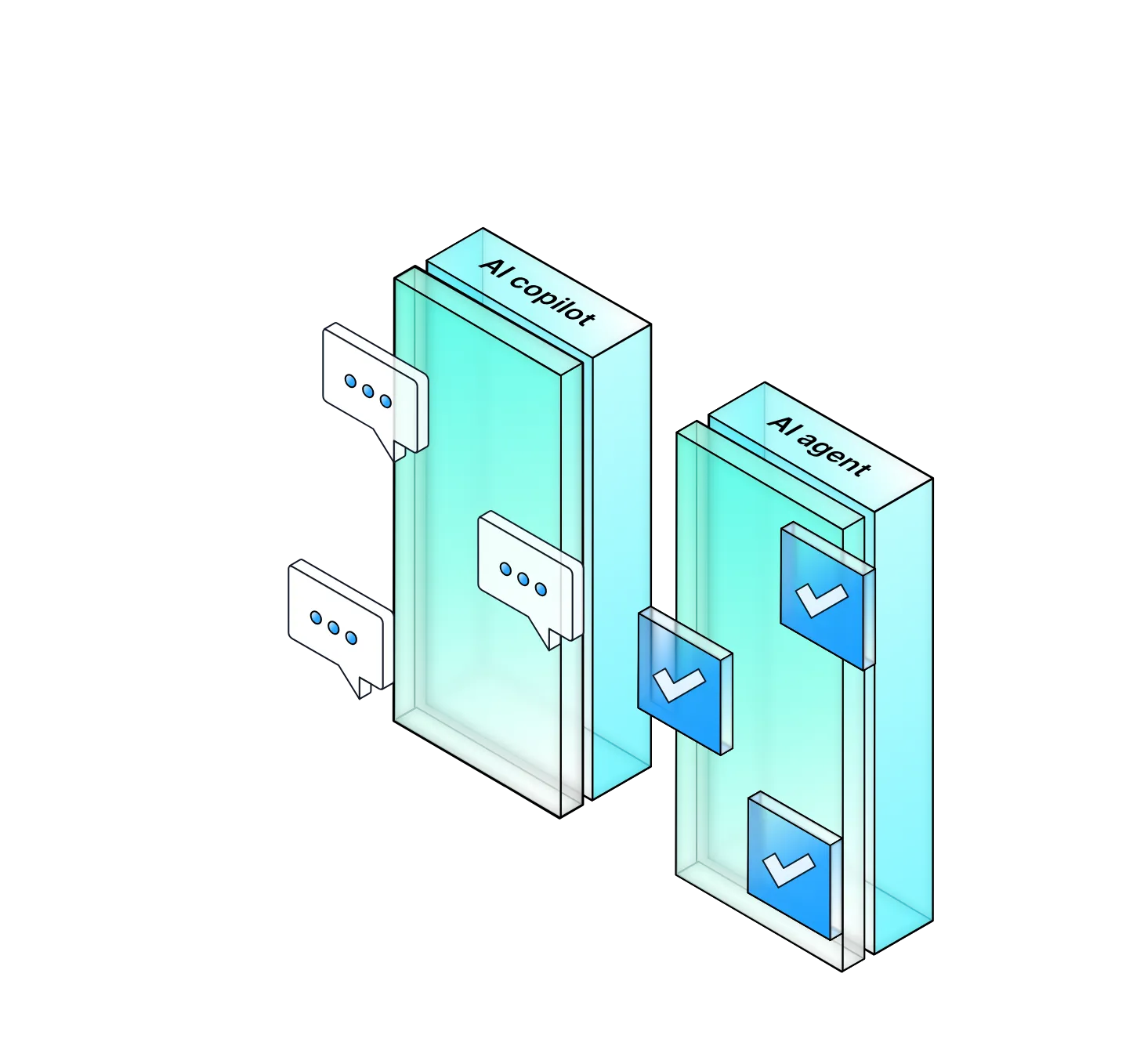 An isometric illustration of two stacked panels labelled AI copilot and AI agent
