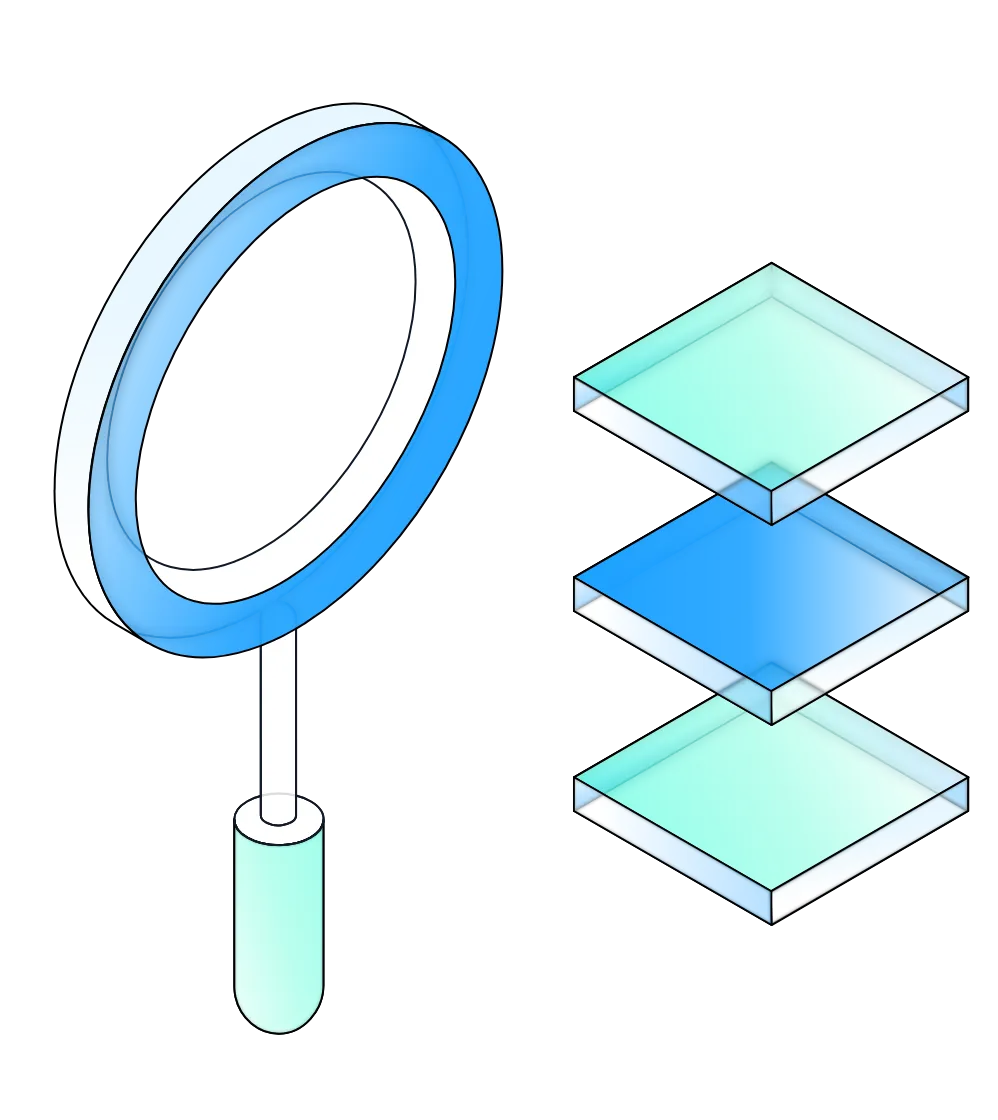 An isometric illustration of a magnifying glass above three stacked layers