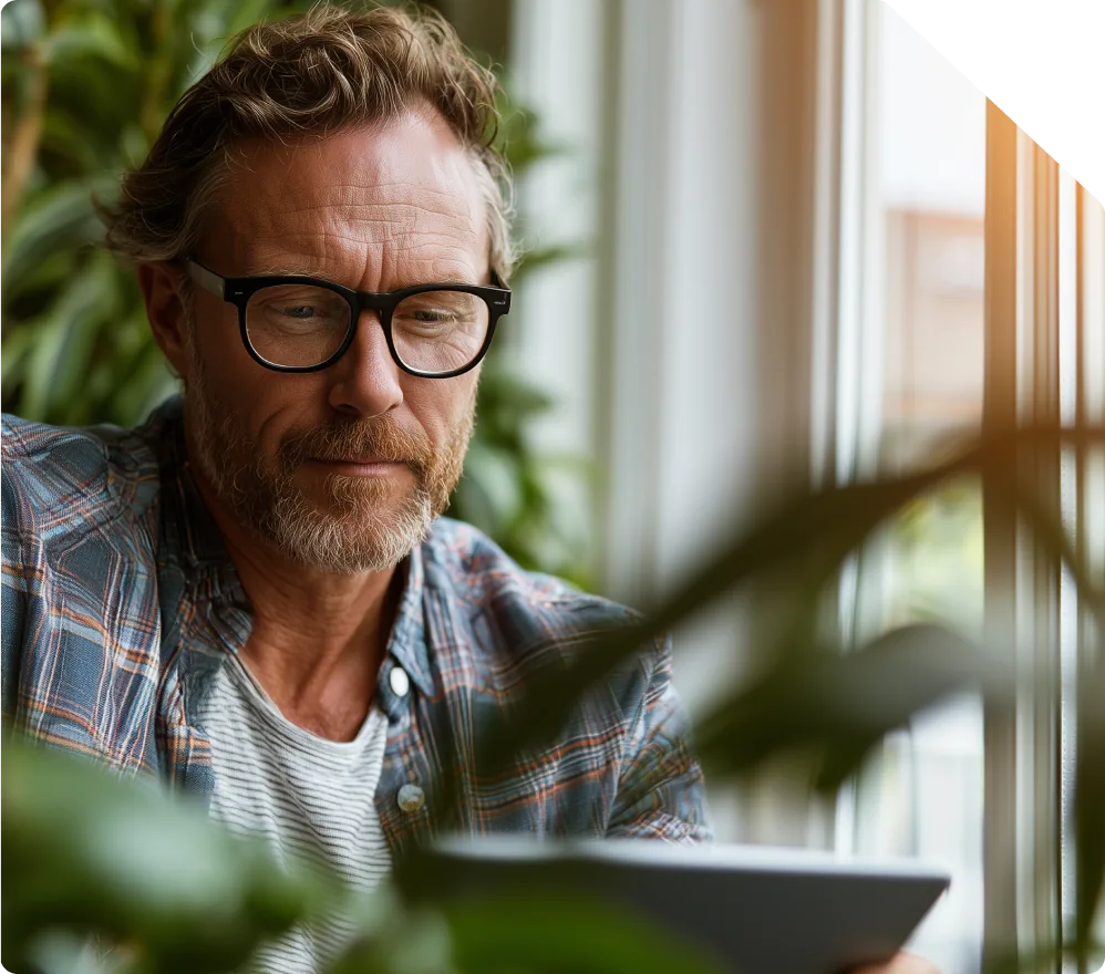 A man in glasses reading on a tablet by a sunlit window