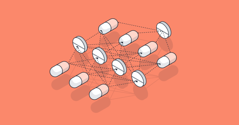 isometric illustration of a neural network model made from pills representing AI in healthcare