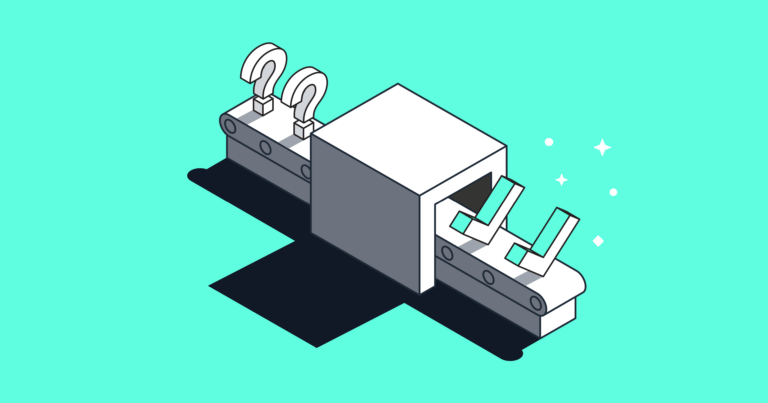 A graphic showing a machine with question marks entering and checked boxes exiting the other side.