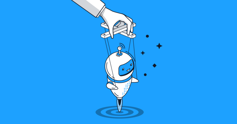 A graphic showing a hand holding a marionette of a robot.
