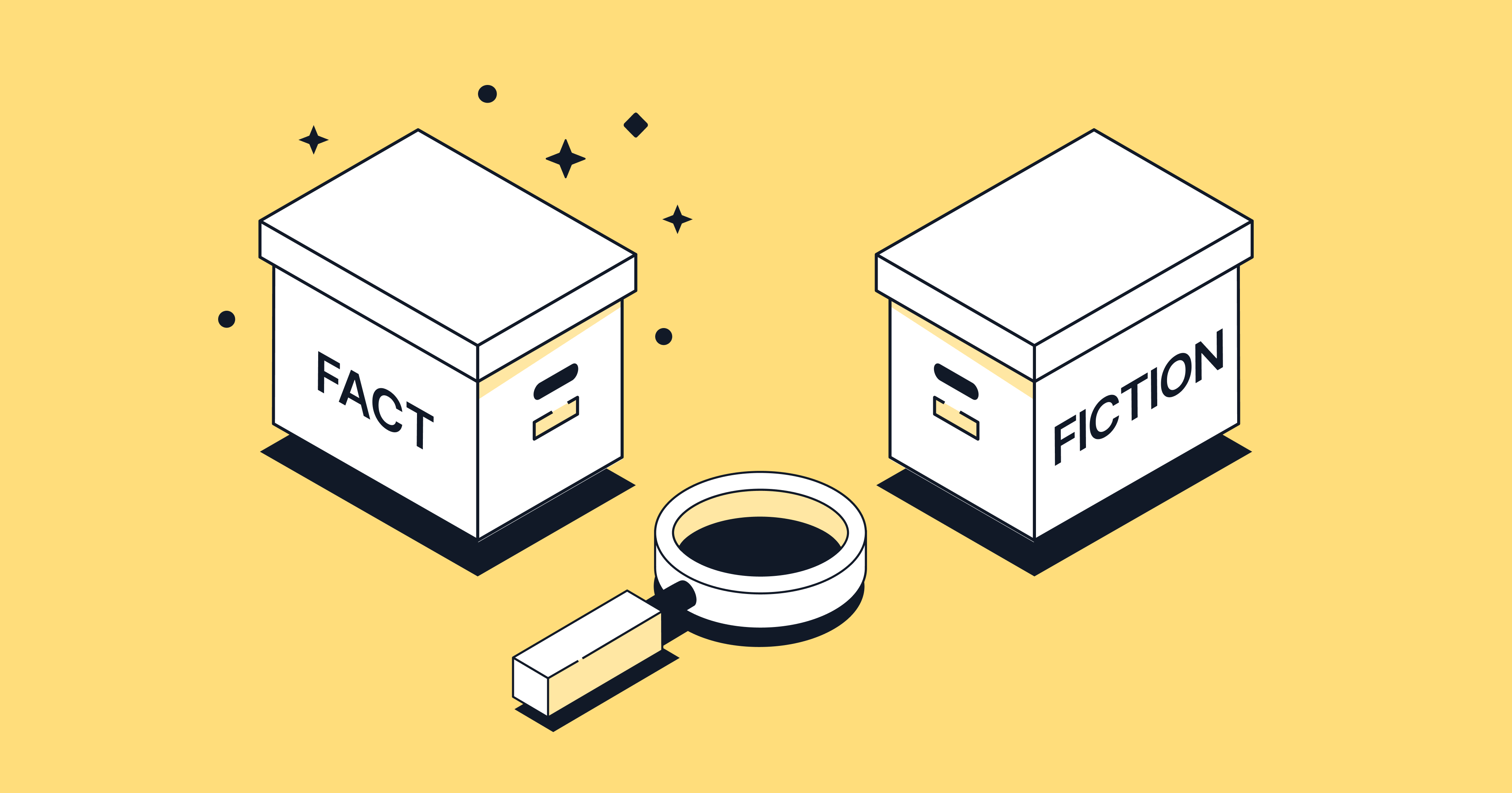 An illustrated image of two boxes, one marked "fact" and one marked "fiction," with a magnifying glass between them.