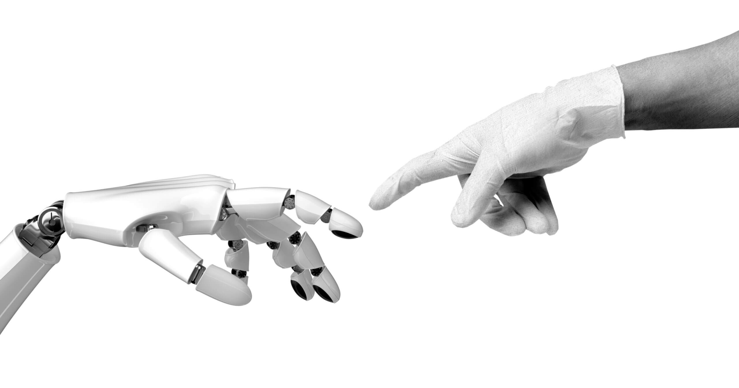 An image of a robot hand and human hand touching at the index finger.