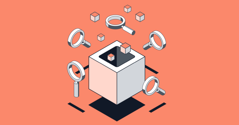 An illustrated image of a box, with floating cubes and magnifying glasses.