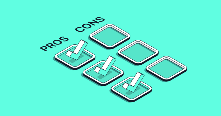 A graphic depicting a checklist of pros and cons, with the "pros" category filled out.