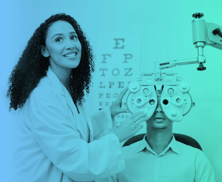 An optometrist giving an exam to a patient