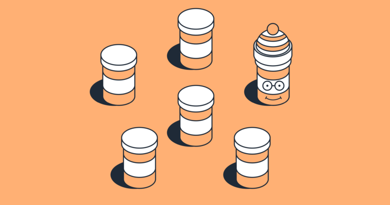 A graphic of five pill bottles, with one designed to look like Waldo of "Where's Waldo?" fame.