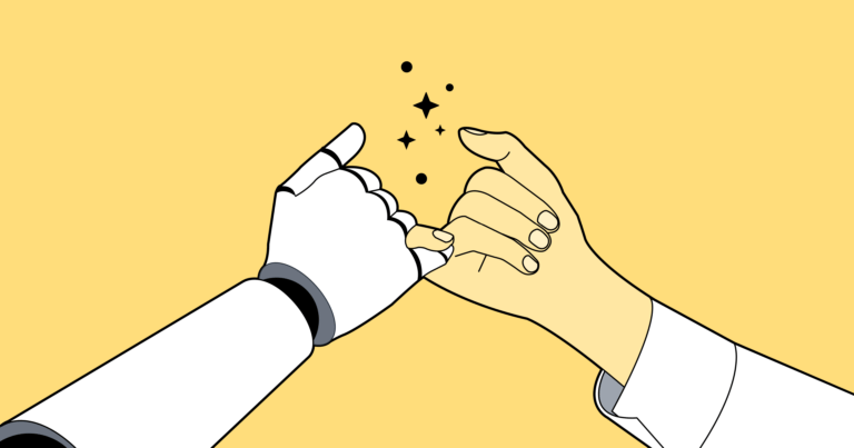 An illustration of a human and and a robot hand "pinky swearing."