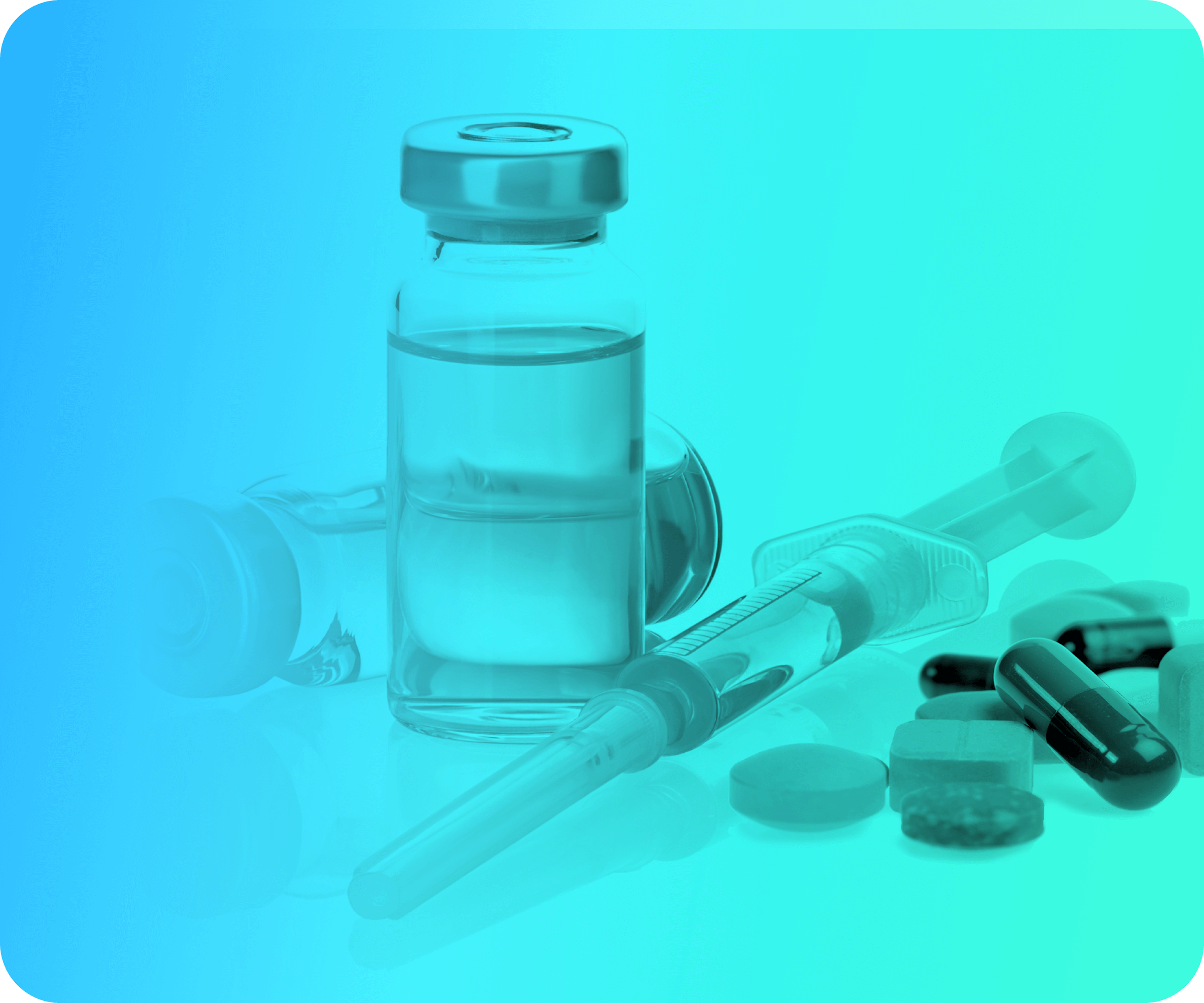 A grouping of medications including a vial, syringe, and pills