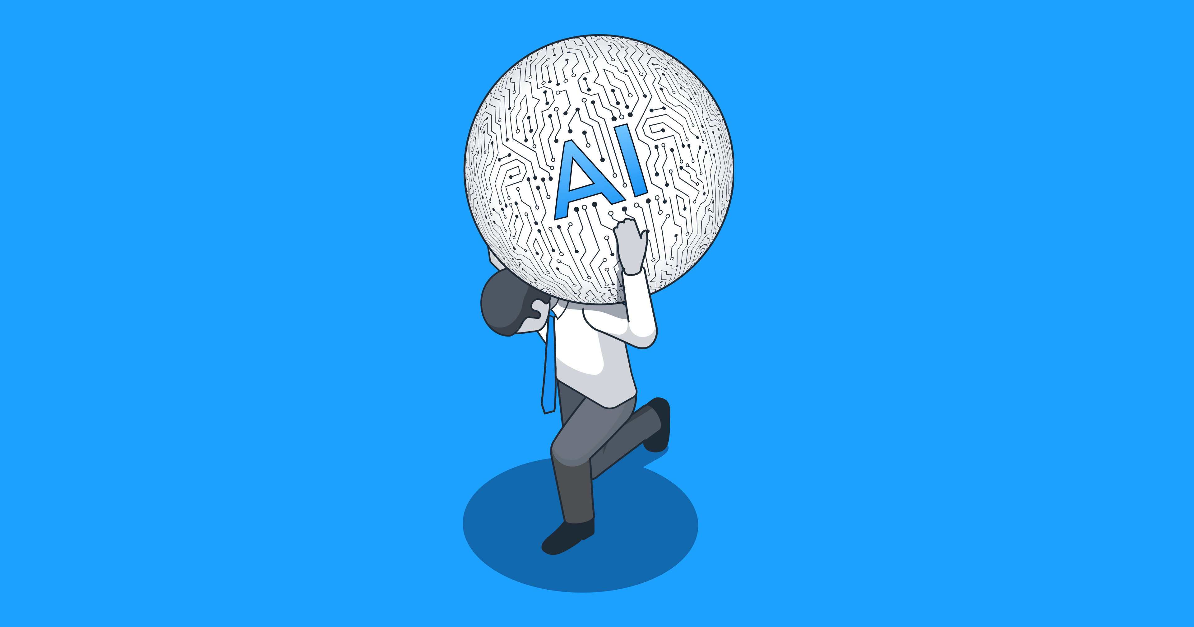 An illustration of a man holding a boulder on his back. The boulder is labeled "AI."