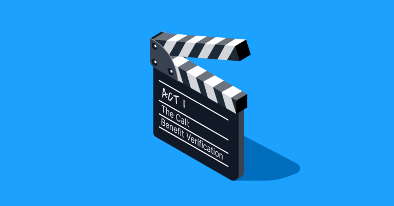 An illustration of a clapperboard with the words "The call: benefit verification" written on its side.