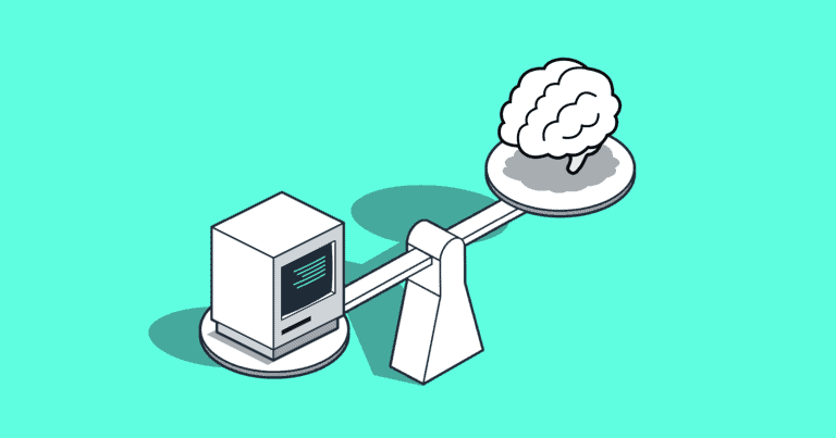 A graphic depiction of a fulcrum, with a human brain on one side and a computer on the other.