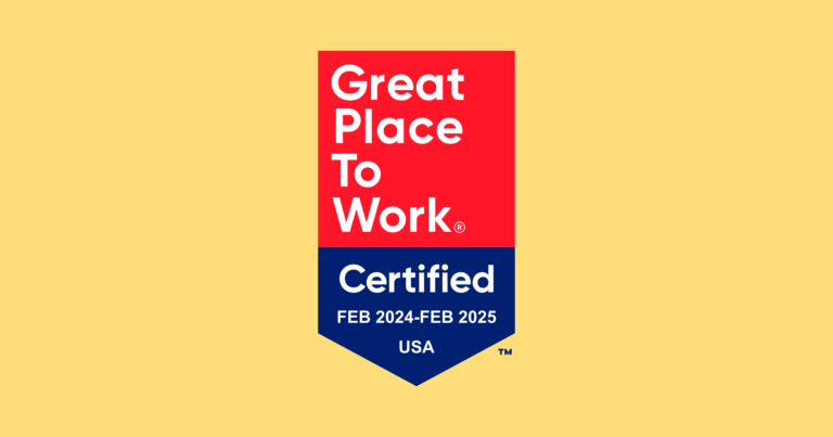 A red and blue Great Place to Work certified banner appears on a yellow rectangular background.
