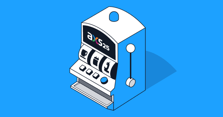 An illustration of a slot machine with the "AXS25" logo on a blue background.