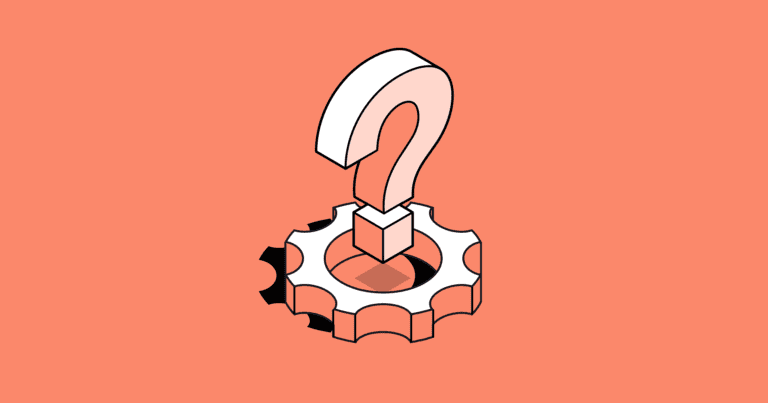 A graphic depicting a question mark emerging from a gear, on an orange background.