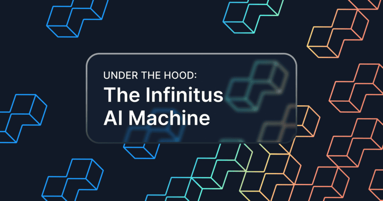 Preview image for the post titled, "The Infinitus AI machine." Image is a black background with vibrant colored 3D versions of the Infinitus logo and a type overlay.
