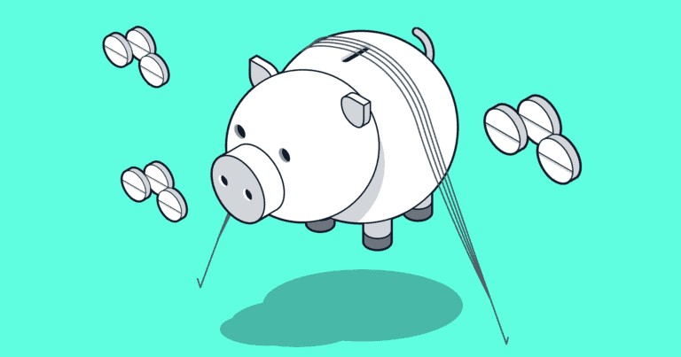 An illustration of a piggy bank float, like that which would appear in a parade, tied down like such a float would. Images of pills appear alongside it.