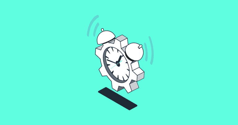 An illustration of a gear with an alarm clock at its center, visibly appearing to ring, on a teal backdrop.