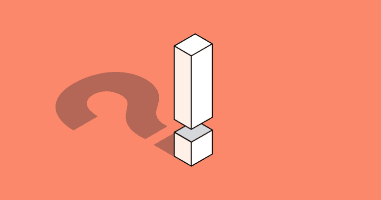A graphic of an exclamation point emerging from a question mark on an orange background.