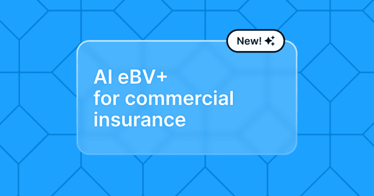 The announcement "AI eBV+ for commercial insurance" appears on a blue background.