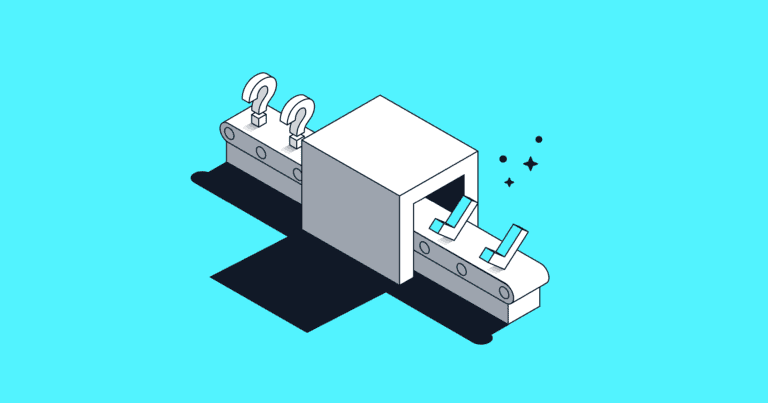 An illustration on a teal background of what looks like a machine, into which question marks enter, with check marks exiting.