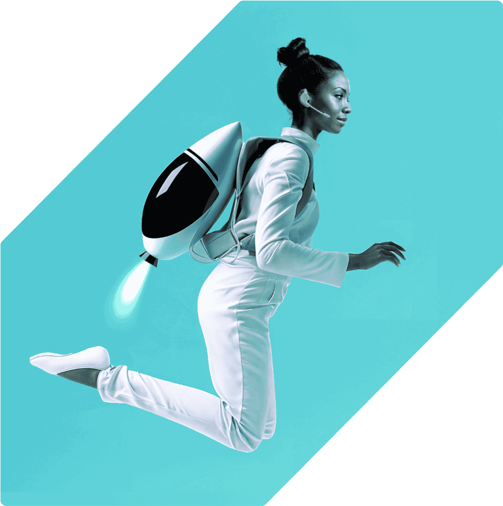 image of a call center agent wearing a futuristic jetpack and hovering in the air