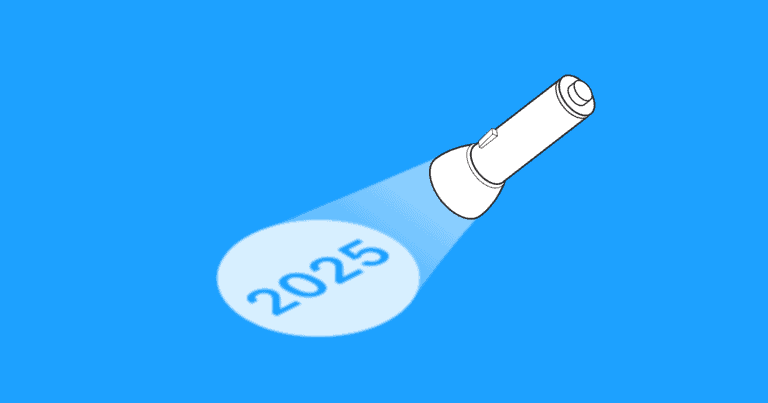 A graphic of a flashlight shining a stream of light on the year 2025, all placed on a blue background.
