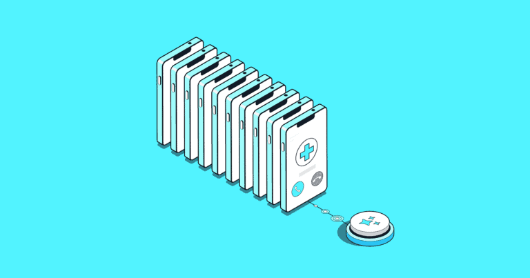 An illustration of a dozen iPhones, plugged into a button with the red cross on it.