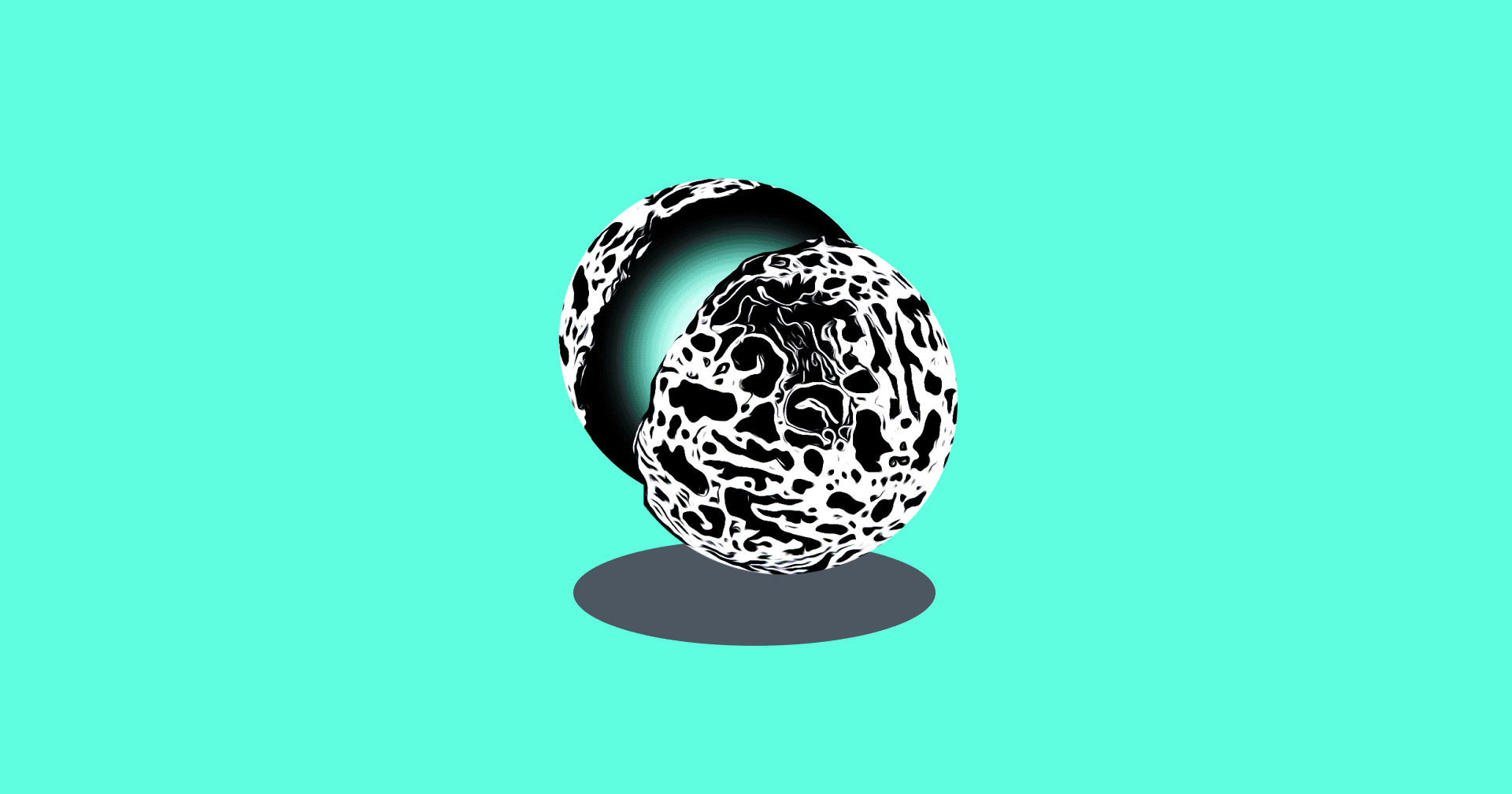 An illustration of an orb split in two with a glowing inside, placed on a teal background.