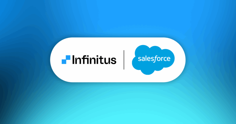The Infinitus logo appears next to the Salesforce logo on a gradient blue background.