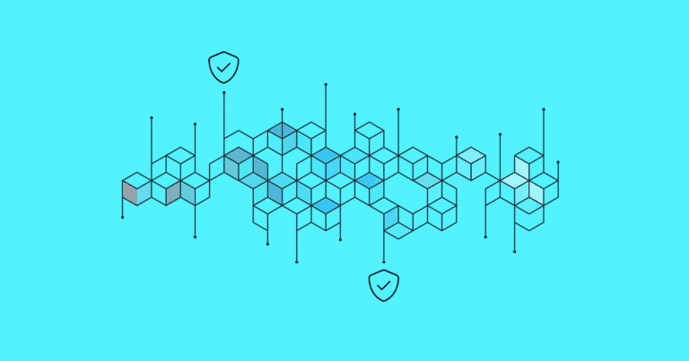 An illustration of a network of cubes, connected at disparate locations with checkmarks signifying a match. It is placed on a blue background.