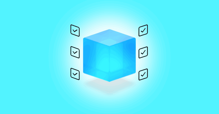 An illustration of a cube with checked boxes along each side of it on a teal background