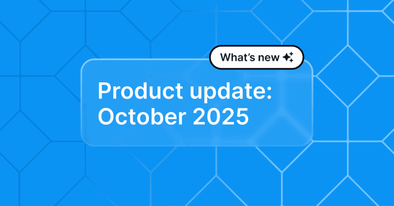 The headline "Product update: October 2025" appears on a patterned, light blue background.