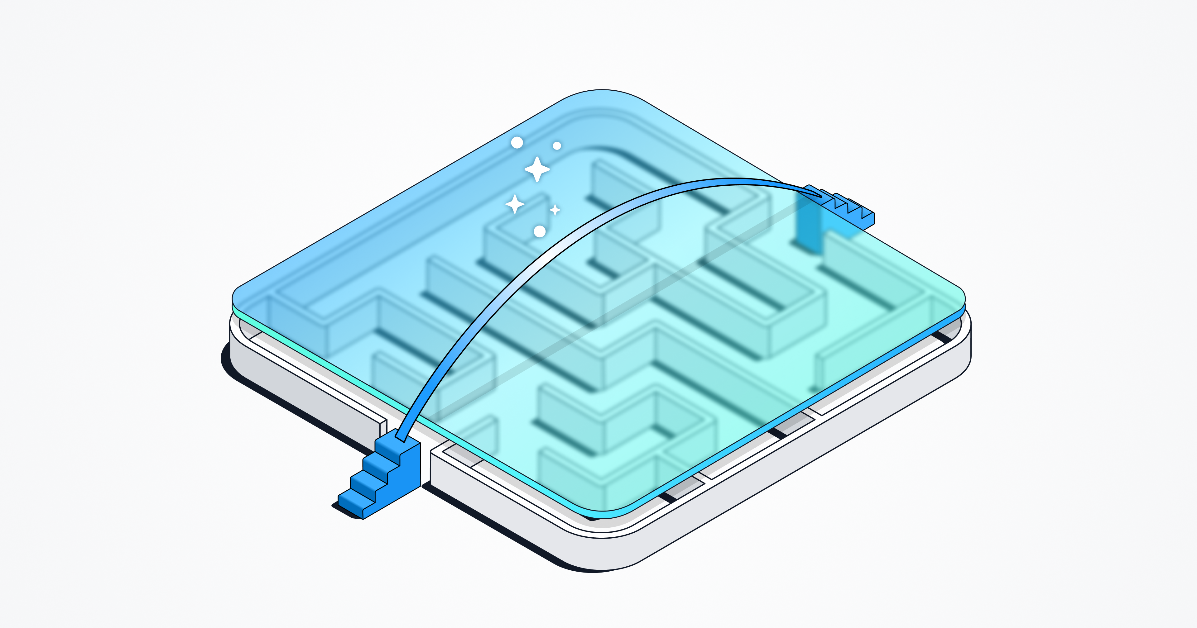 An illustration of a maze appears on a white background, with steps to a bridge that would allow someone to bypass the maze,