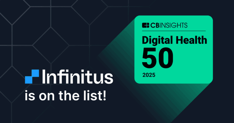 A green badge showcasing that Infinitus has been named to Digital Health 50's list of honorees appears on a black background. Additional text reads "Infinitus is on the list!"