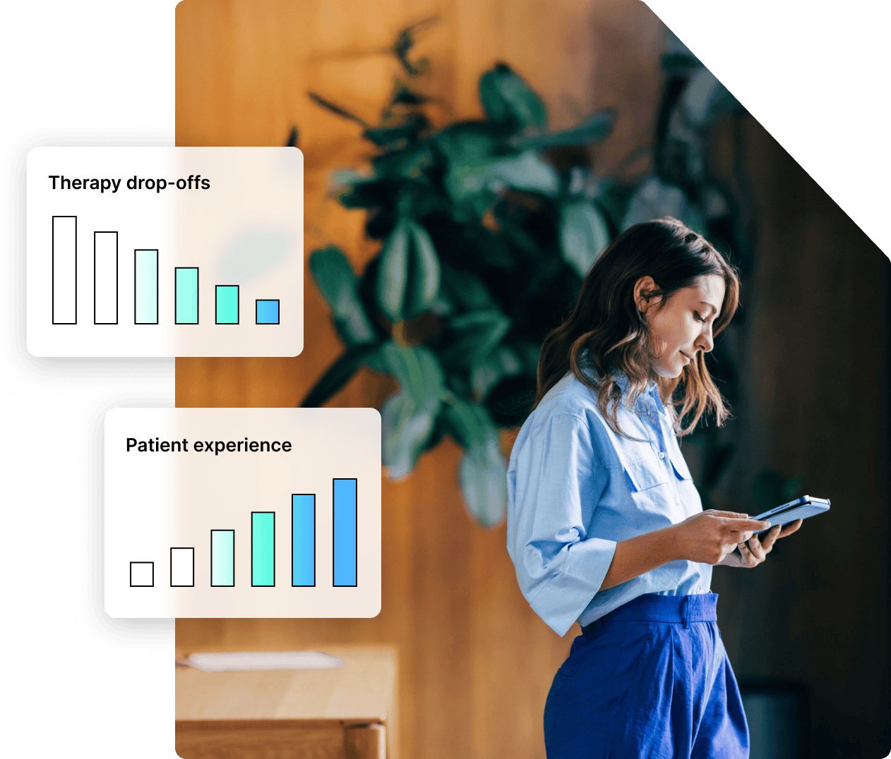 Professional woman looking at tablet with chart overlays depicting growth