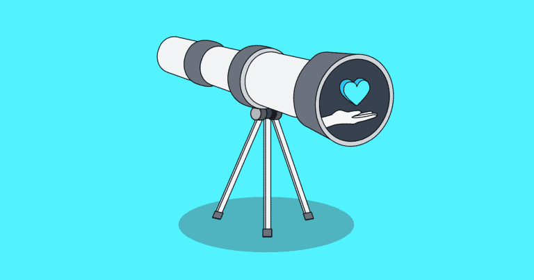 An illustration of a telescope with the image of a heart and a hand appearing in its lens, appearing on a light blue background.