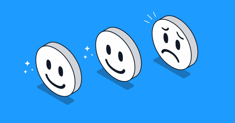 An illustration of three faces - two smiling, one frowning - on a blue background.