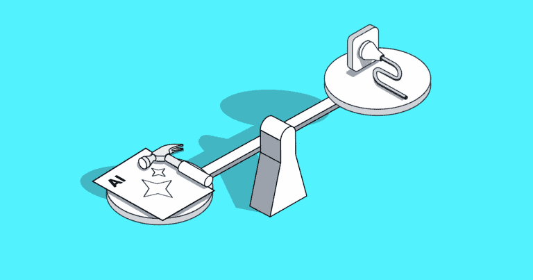An illustration of a fulcrum, with a hammer on one side and a plug in an outlet on the other, on a light blue background.