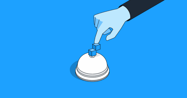 An illustration of a hand buzzing a service bell appears on a blue background.