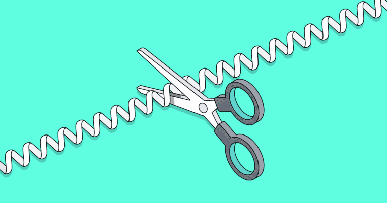 An illustration of a phone cord with scissors about to cut through it, on a teal background.