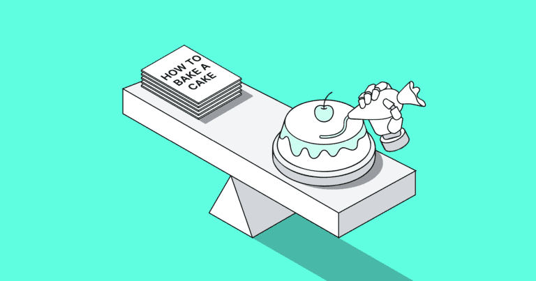 An illustration of a balance with a book titled "How to bake a cake" on one side and a cake being decorated on the other side.