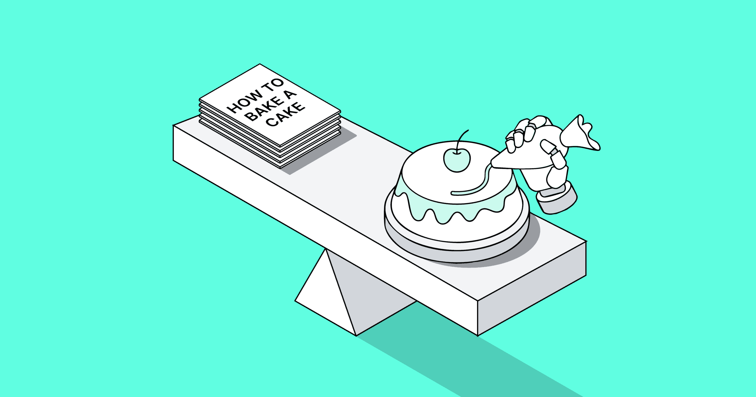 An illustration of a balance with a book titled "How to bake a cake" on one side and a cake being decorated on the other side.