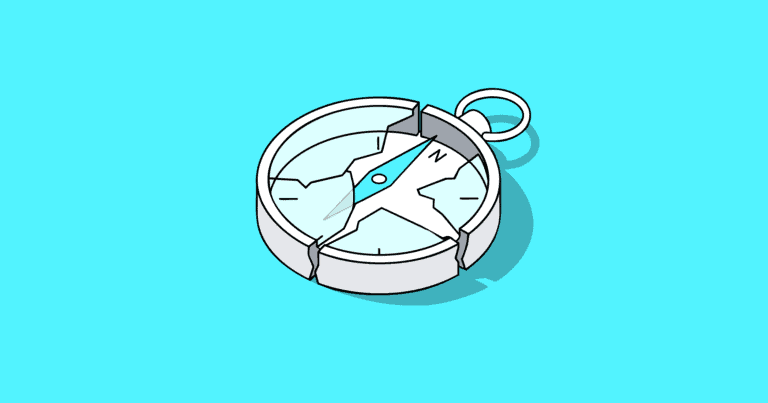 An illustration of a broken compass appears on a light blue background.