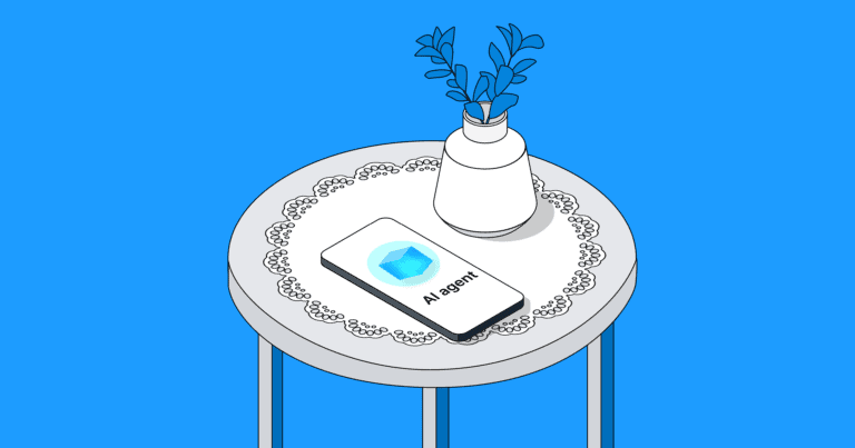 An illustration of a table with a phone and flowers on it. An AI agent is calling the phone.