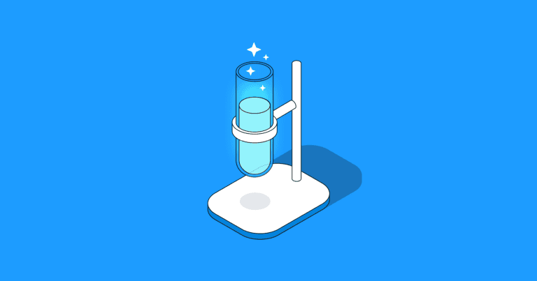 An illustration of a test tube with sparkles coming from the top appears on a blue background.