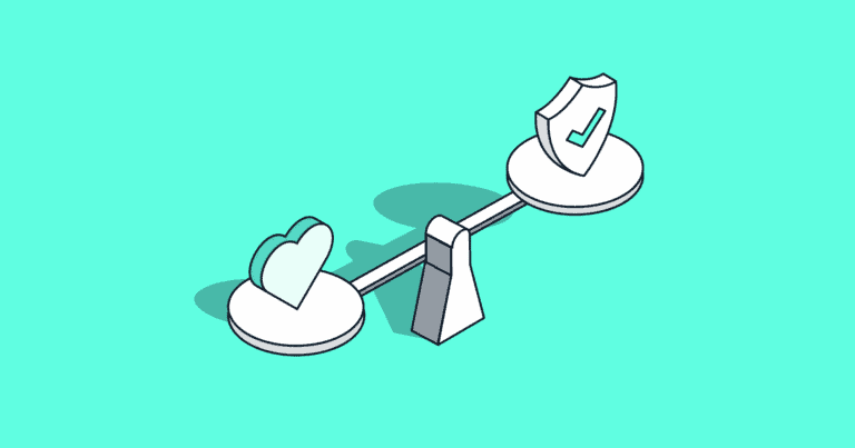 A balance scale showing a heart on the left and a checkmark in a shield on the right on a teal background