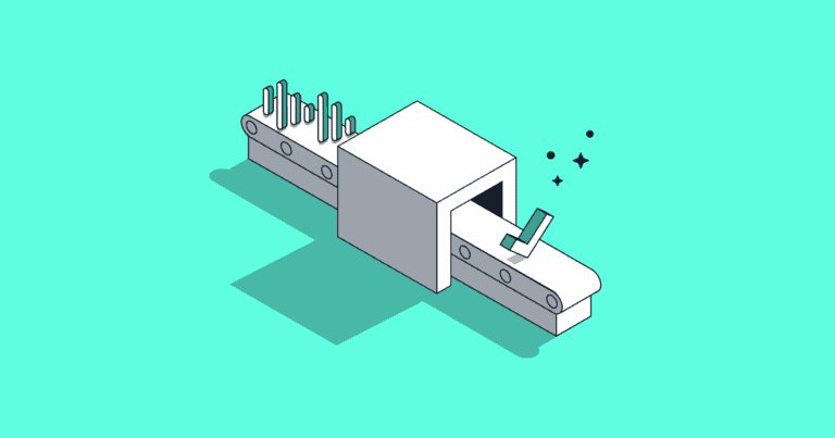 An illustration of sound bars heading into a machine and coming out as a check mark.